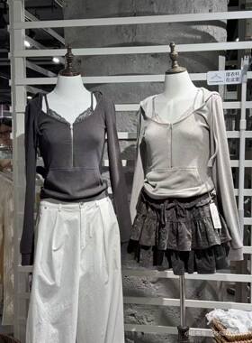 BrandyGirl美式复古WM连帽假两件拉链长袖T恤女蕾丝拼接卫衣上衣