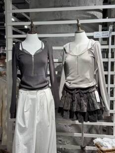 BrandyGirl美式复古WM连帽假两件拉链长袖T恤女蕾丝拼接卫衣上衣