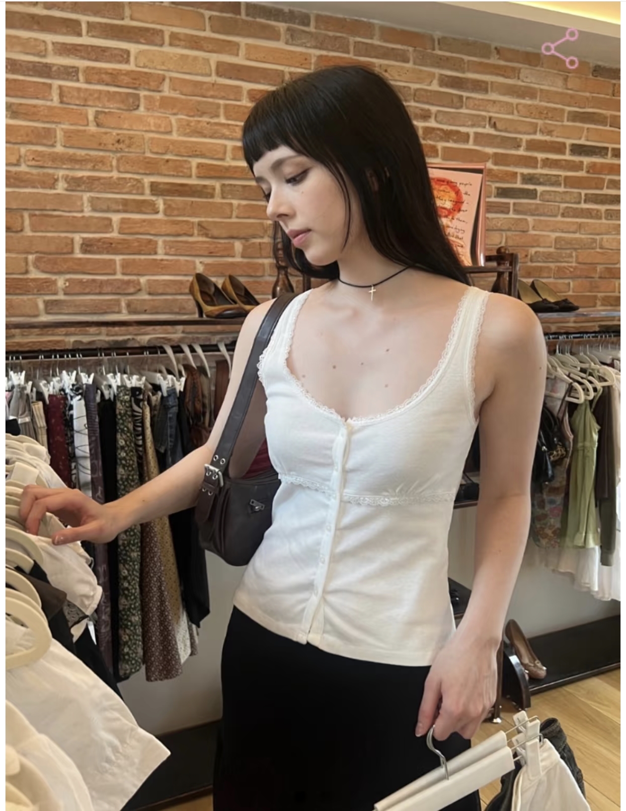 BrandyGirl新款单排扣蕾丝边bm小吊带背心女修身内搭外穿纯棉上衣