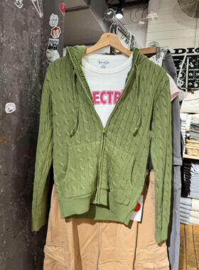 BrandyGirl美式复古麻花连帽bm针织衫女修身毛衣外套拉链开衫上衣