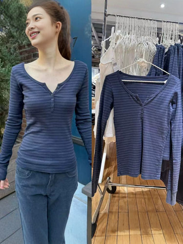 BrandyGirl美式六粒扣bm条纹长袖T恤女纽扣圆领显瘦亨利衫上衣潮