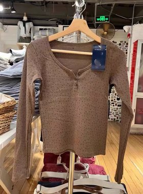 BrandyGirl新款小清新碎花三粒扣圆领T恤bm打底衫女修身长袖上衣