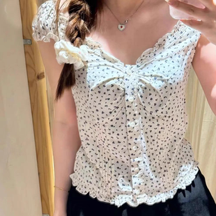 BrandyGirl新款碎花系带飞飞袖收腰bm短袖衬衫女木耳边开衫上衣潮