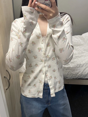 BrandyGirl新款玫瑰印花bm开衫长袖T恤女圆领单排扣外套纯棉上衣