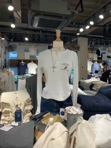 BrandyGirl三粒扣半开领帆船印花bm长袖T恤女显瘦百搭打底上衣ins