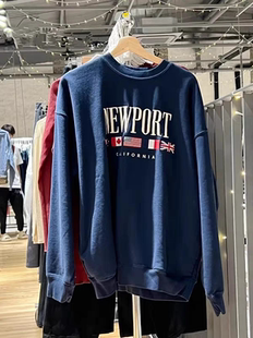 BrandyGirl美式 复古Newport字母刺绣圆领bm卫衣女宽松加绒外套潮