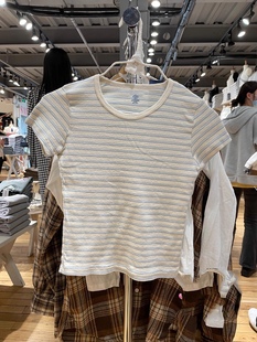 纯棉修身 美式 上衣ins潮 复古显瘦细条纹t恤女bm短袖 BrandyGirl新款