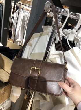 BrandyGirl新款复古法棍包bm棕色皮扣包女翻盖腋下包手提包单肩包