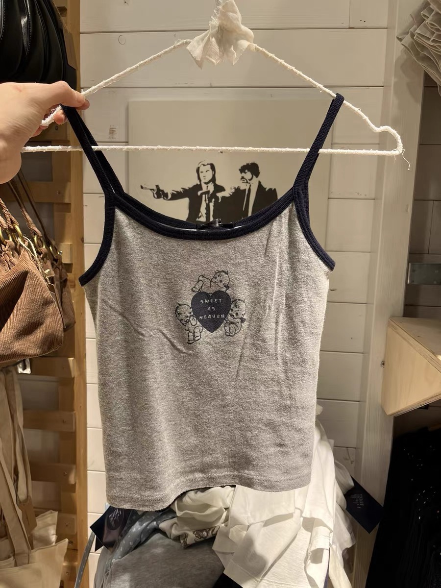 Brandy Girl美式复古爱心小天使印花吊带背心bm拼接领修身上衣女