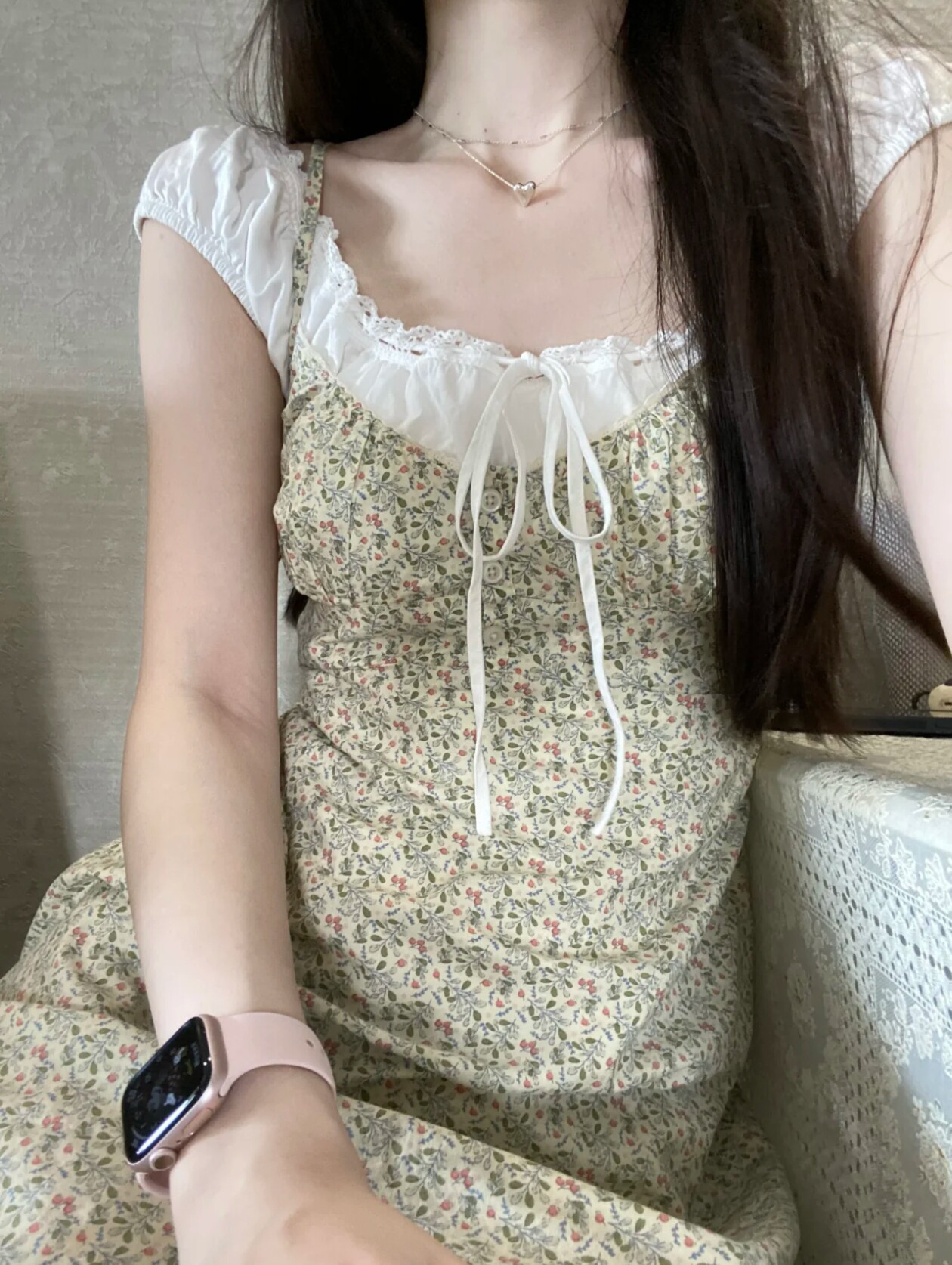 BrandyGirl新款三粒扣绿色碎花bm吊带连衣裙女收腰显瘦a字中长裙图片