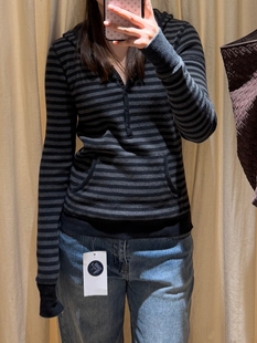 BrandyGirl美式 T恤女华夫格纽扣外套显瘦上衣 复古条纹连帽bm长袖