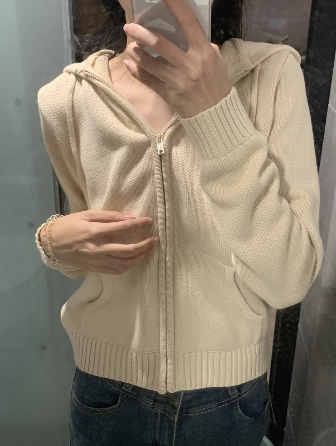 美式短款连帽针织衫bm毛衣外套女