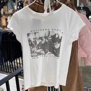 显瘦纯棉圆领上衣女 修身 Brandy Girl欧美风摇滚乐队印花T恤bm短袖