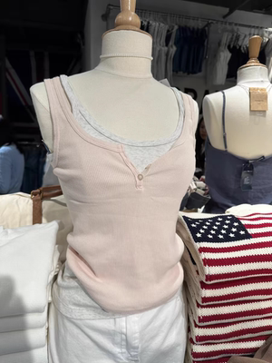 BrandyGirl新款美式复古三粒扣粉色螺纹bm背心吊带女修身显瘦上衣