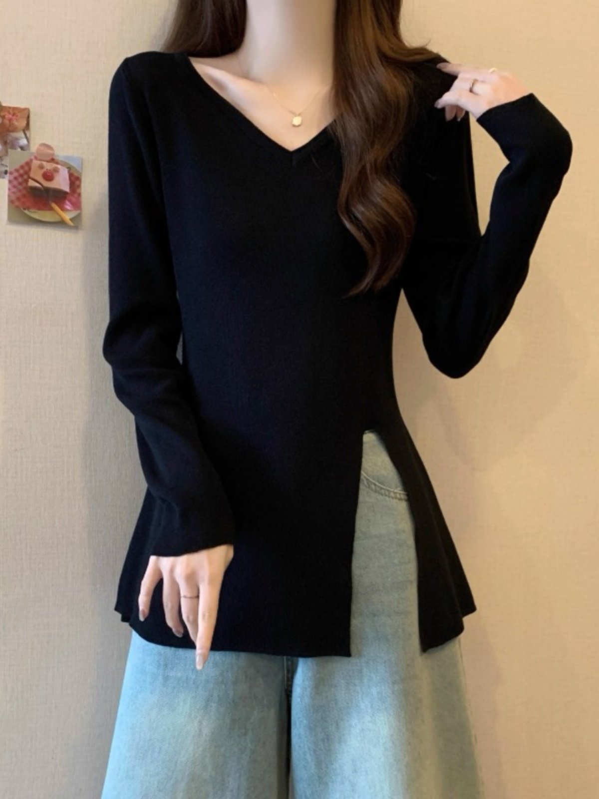 春秋季女士长袖t恤，中长，大码，胖Mm，不对称v领开衩衬衫，针织