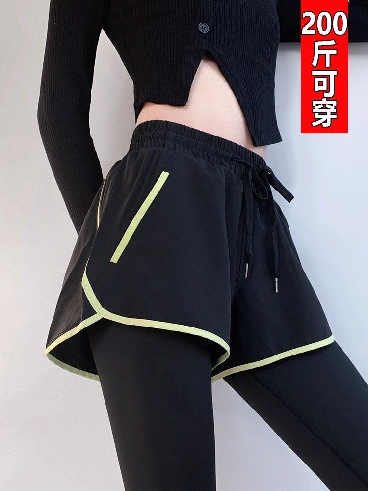 跑步运动服速干宽松紧身瑜伽胖mm大码假两件带短裤健身房打底长裤