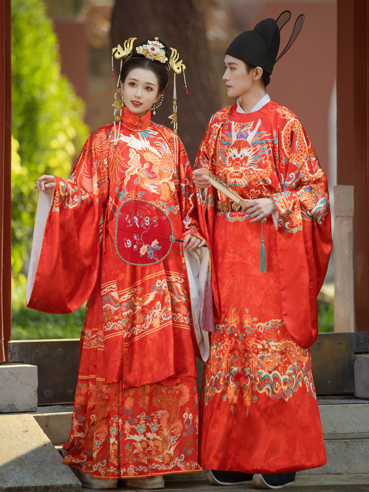 紫玉娅【韶华】明制立领汉服一片马面裙中式花嫁婚服情侣套装红色