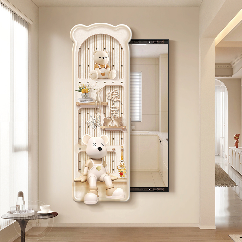 高级感玄关装饰画暴力熊推拉暗藏式全身镜挂画隐藏式洞洞板全身镜