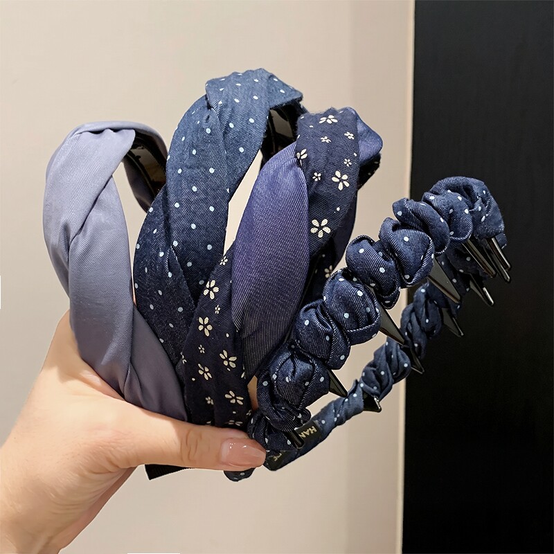 韩系牛仔蓝色碎花麻花带齿发箍女图片