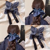 韩系牛仔格子方巾大肠发圈女2025新款 ins超大蝴蝶结飘带头绳发饰