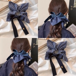 韩系牛仔格子方巾大肠发圈女2025新款 ins超大蝴蝶结飘带头绳发饰