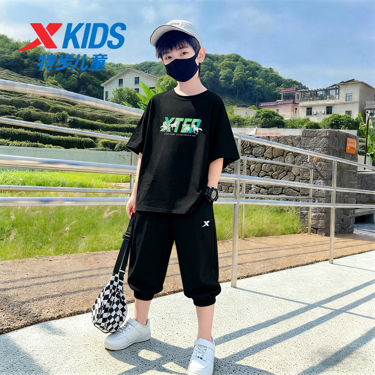 特步儿童短袖七分裤男童套装男孩2026夏季新款运动T恤小学生2件套