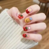 奶油草莓半手工穿戴甲卡通笑脸糖果色甜妹本甲可爱可拆卸假指甲片