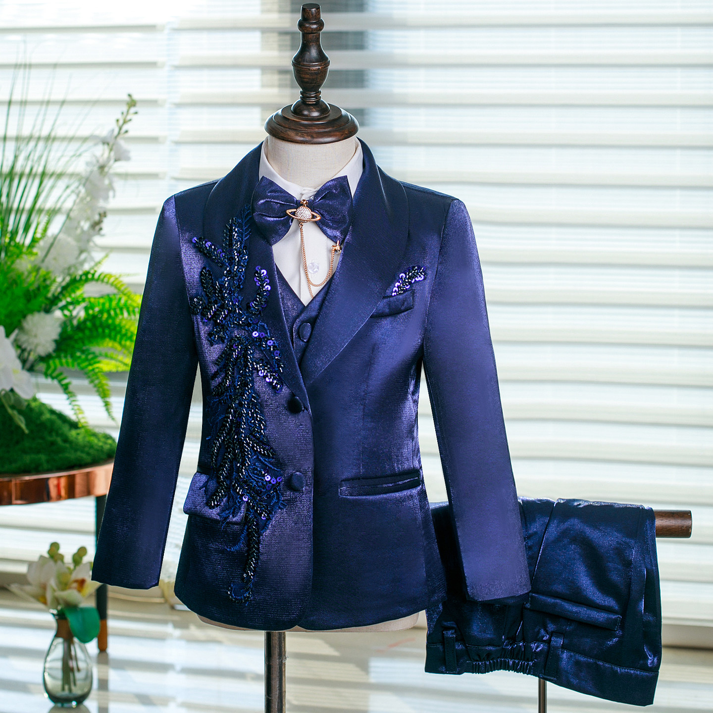 男童礼服高端蓝色手工儿童西装套装男孩小西服主持人小提琴演出服