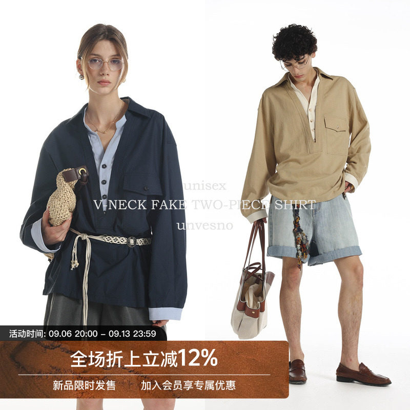 【假两件】Unvesno(UN)老钱莱赛尔V领撞色宽松休闲长袖衬衫图片