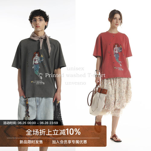 【洗褪磨破】Unvesno(UN)Vintage洗褪怀旧磨破叛逆美人鱼印花T恤
