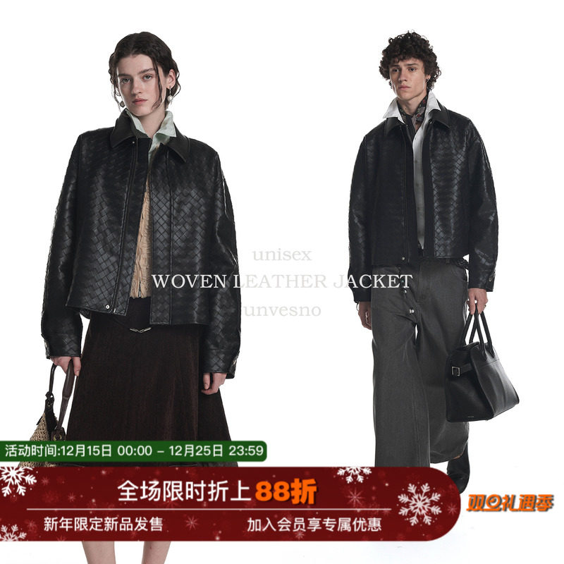【编织纹理】Unvesno(UN)意大利高级感保暖皮革短阔夹克编织外套