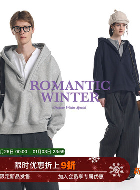 【加绒假两件】Unvesno(UN)静奢高智撞色亨利宽松休闲v领连帽卫衣