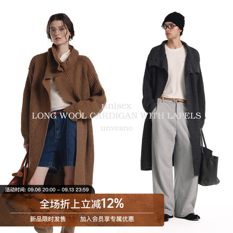 【羊毛混纺】Unvesno(UN)Row风老钱休闲翻领长款针织开衫毛衣保暖图片