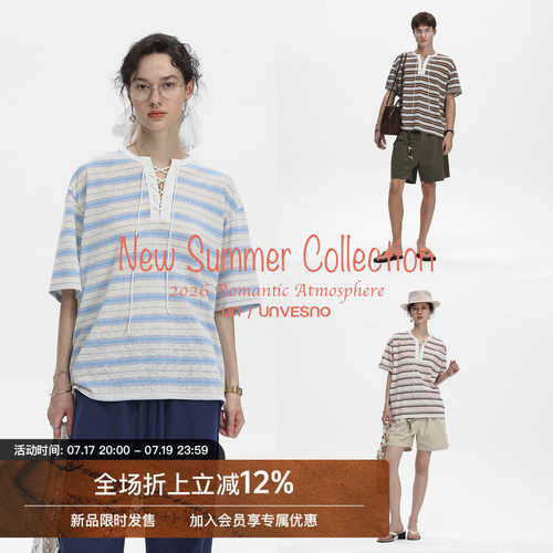Unvesno(UN)Urban Resort都市度假休闲慵懒风条纹绑带亨利领T恤