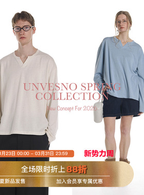 【UNVESNO专场】Unvesno(UN)极简小V领亚麻莱赛尔棉混纺长袖T恤
