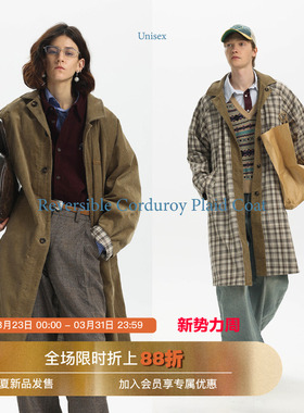 Unvesno(UN)秋季复古水洗灯芯绒格纹双面穿慵懒长风衣休闲厚外套