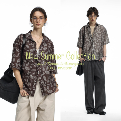 【中古感】Unvesno(UN)度假风腰果花印花莱赛尔亚麻混纺短袖衬衫