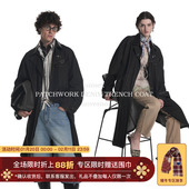 做旧水洗 Unvesno 飞机扣复古秋季 皮革拼接黑牛仔风衣外套