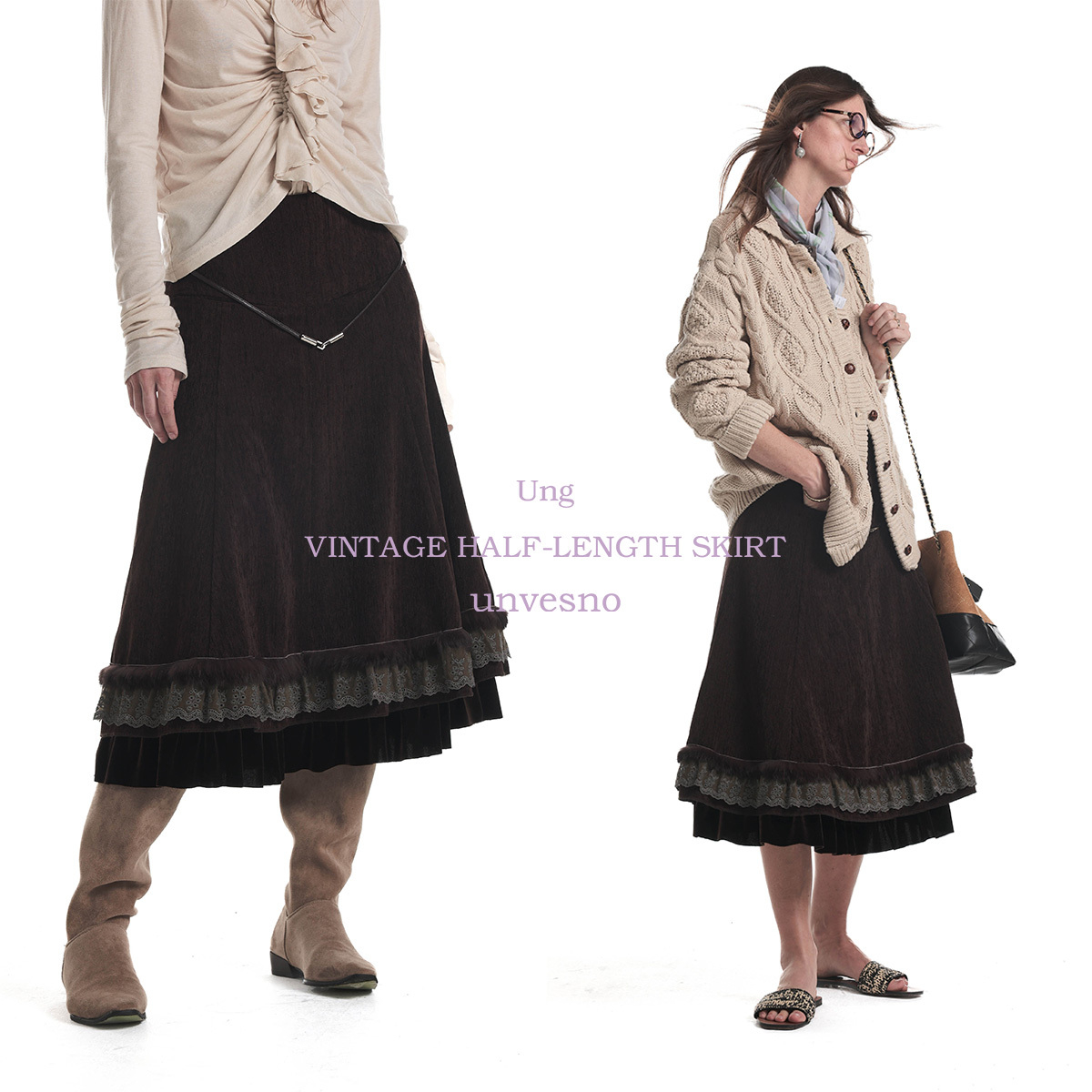 【多重拼接】Unvesno(UN)中古重工结构分割蕾丝兔毛半身裙