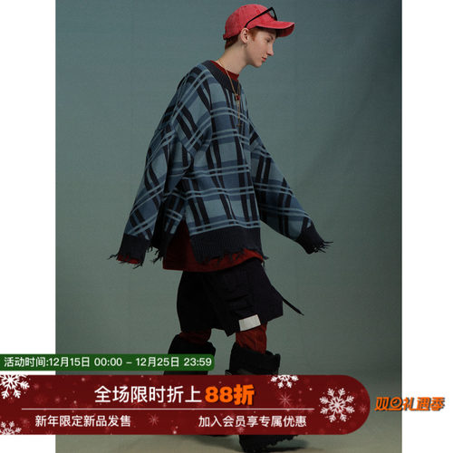 Unvesno (UN)  复古格子流苏宽松休闲潮牌保暖慵懒加厚情侣装毛衣