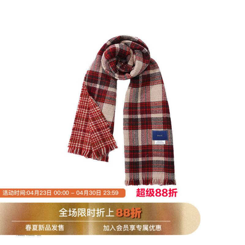 Unvesno (UN) 冬季红色格子英伦百搭流苏保暖围巾