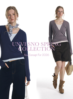 Unvesno(UN)假两件V领撞色套袖修身女长袖T恤