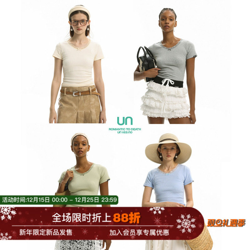 Unvesno(UN)“Sport&Life 系列”蕾丝花边U 领显瘦打底 T 恤上衣