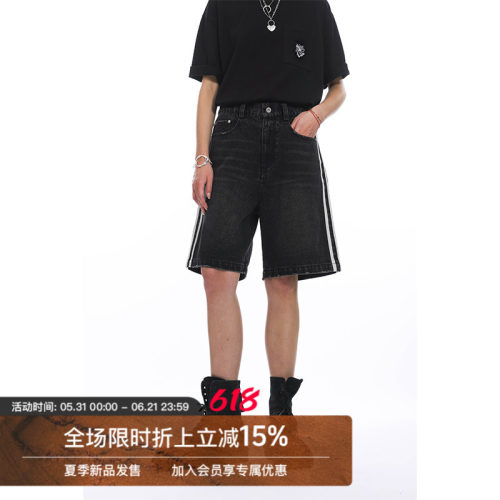 Unvesno (UN) 复古撞色织带磨边440G牛仔宽松5分短裤