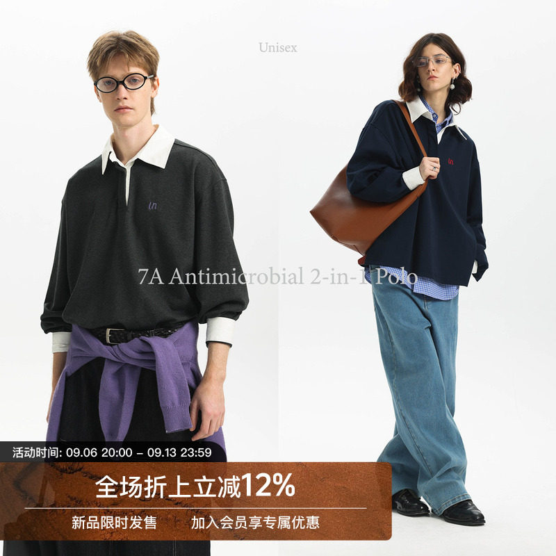 【假两件撞色】Unvesno(UN)秋季学院抗菌Polo长袖上衣 男女同款图片