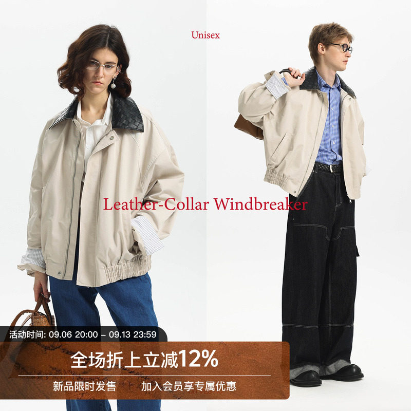 【巴恩风】Unvesno(UN)“Barnfit”防泼水格纹皮革翻领夹克图片