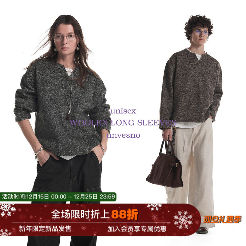 【假两件】Unvesno(UN)双色彩纱麻花羊毛混纺针织小V领长袖卫衣秋