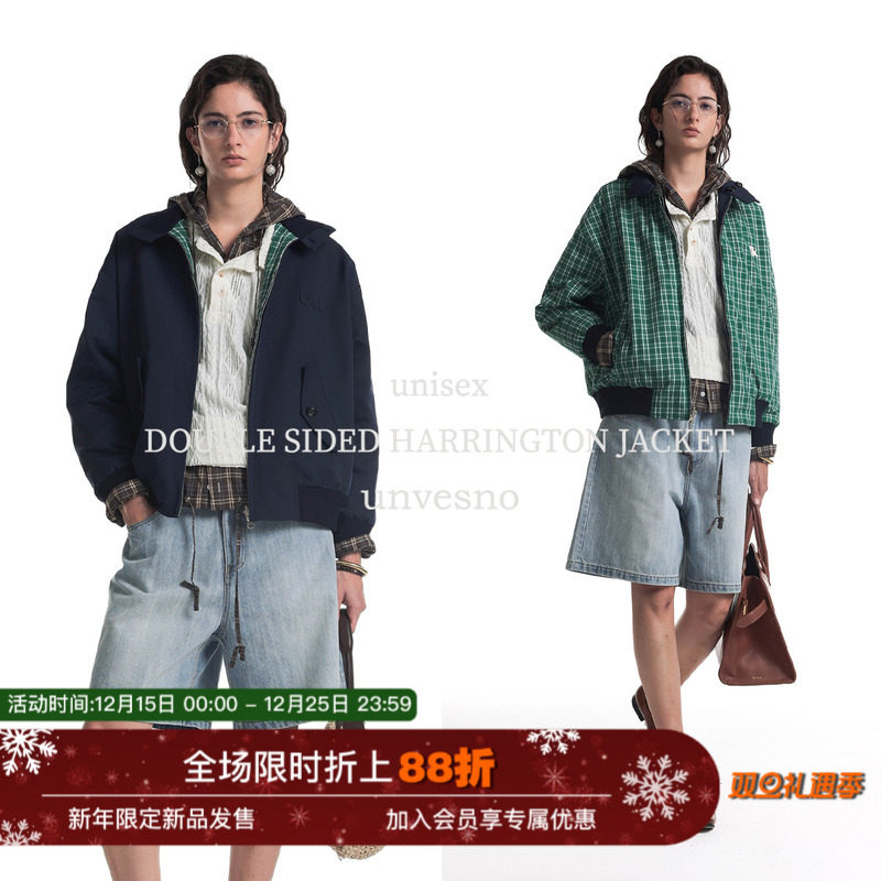 【双面穿】Unvesno(UN)复古哈灵顿西高地秋季防泼水格纹立领夹克
