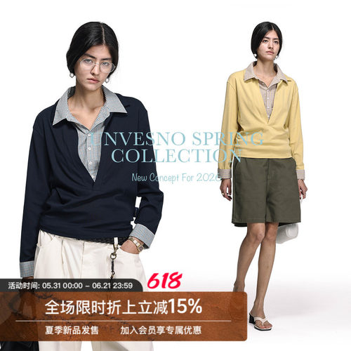 【假两件 清凉体感】Unvesno(UN)复古层次格纹拼接V领女装长袖T恤