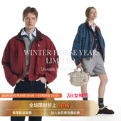 Unvesno 双面穿 怀旧红洗褪马年满印皮领短阔夹克 马年限定